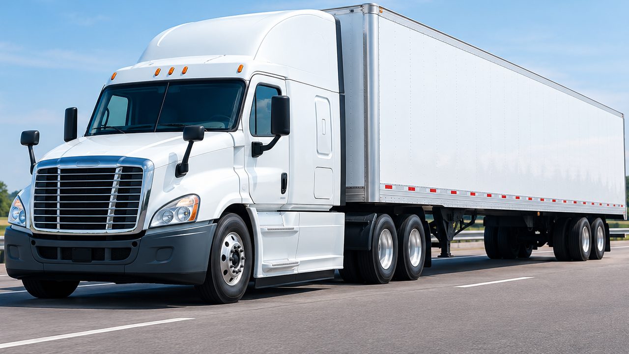 White semi truck pulling a dry van trailer