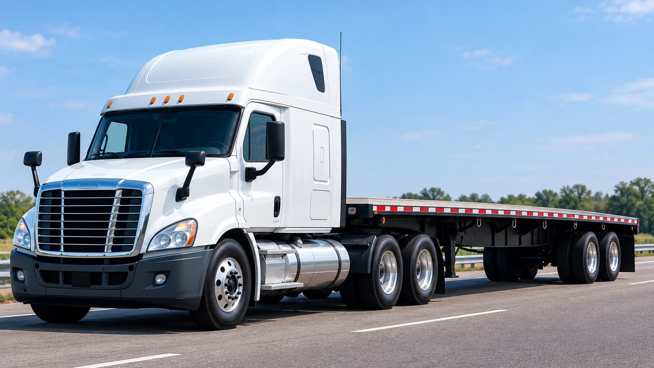 White semi truck pulling a flatbed trailer