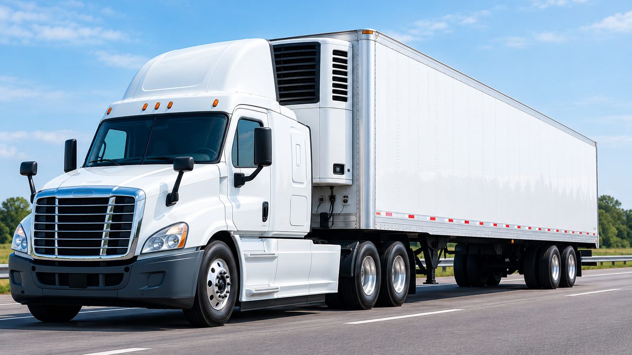 White semi truck pulling a refrigerated reefer trailer