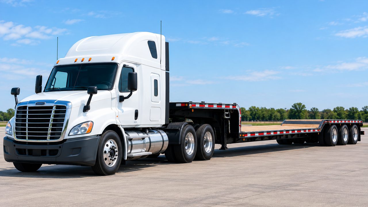 White semi truck pulling a step deck trailer
